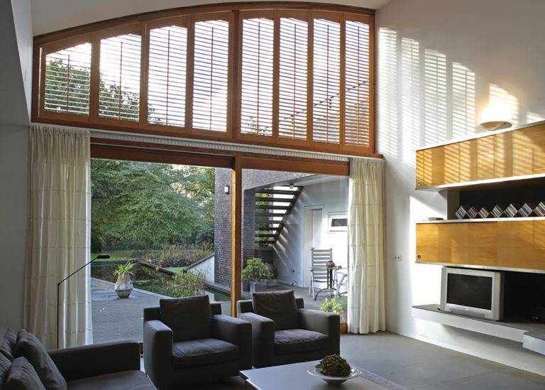 brown French door shutter blinds