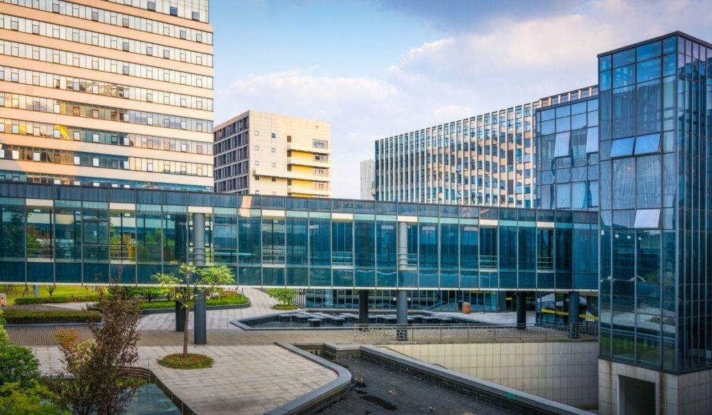 office building exterior with blinds