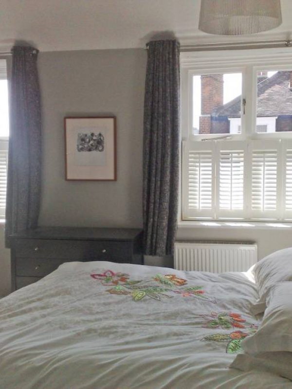 Cafe Style Shutters with Curtains (MD) - Fitted by the shutter company Newport