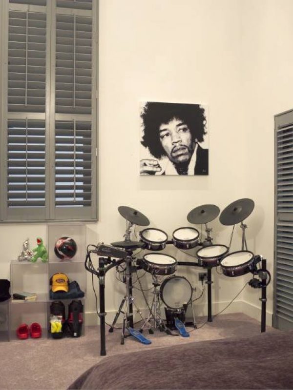 grey window shutter blinds French doors-Childs bedroom - the shutter company