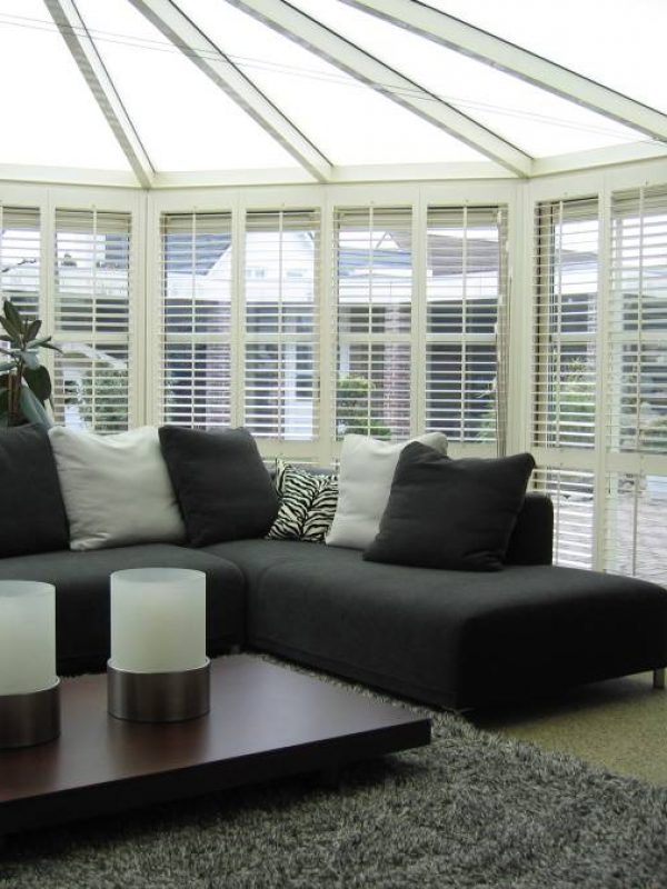 conservatory white window shutters Fitted by the shutter company Newport